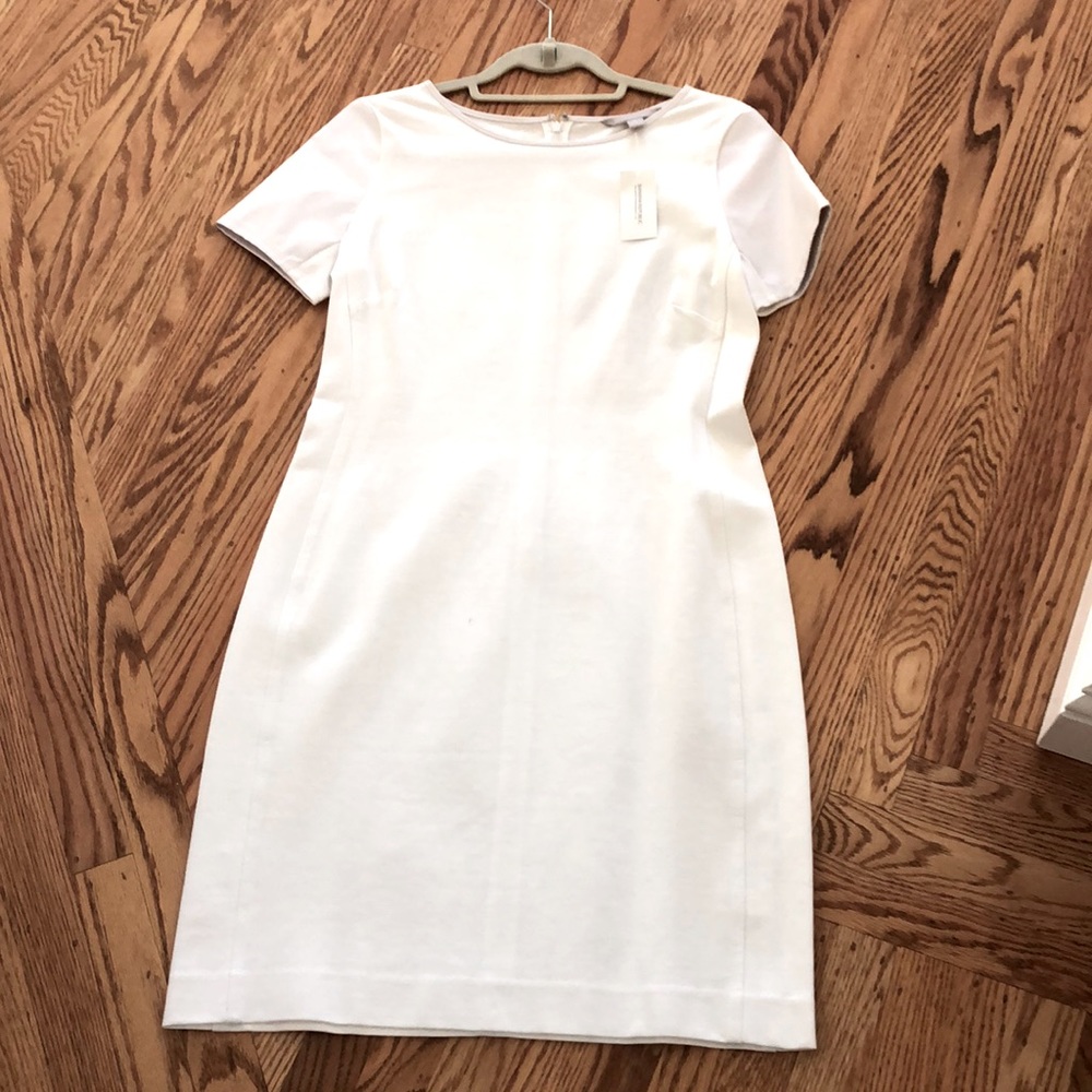 Banana Republic white stretch and pleather cap sleeve dress.